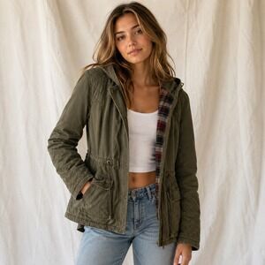 Prince & Fox Women's XL Olive Green Utility Field Jacket Hooded Plaid Lined